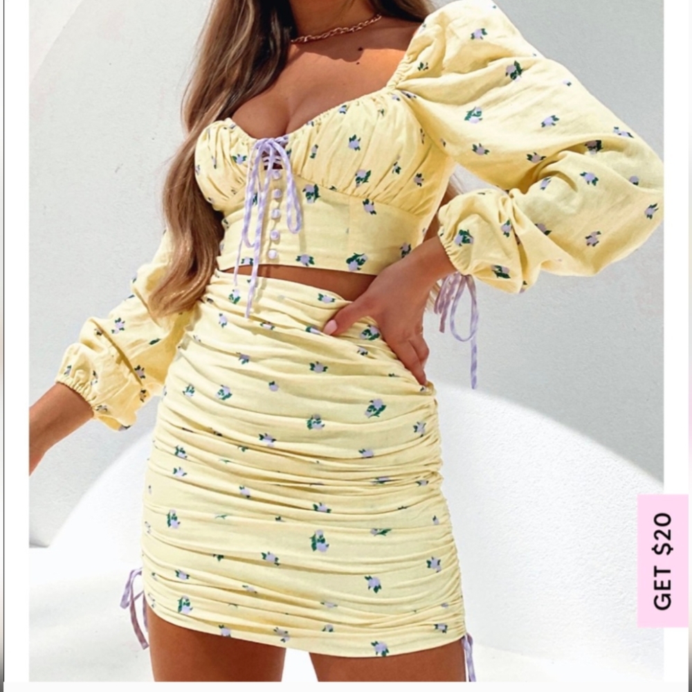 White Fox Boutique Pale Yellow Mini Skirt with Floral Print